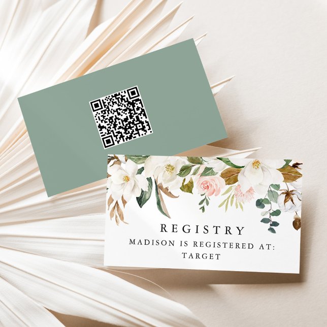 Carte D'accompagnement Elégant Aquarelle Magnolias QR Code Baby Registry (Créateur téléchargé)