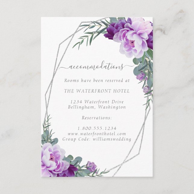 Carte D'accompagnement Elegant Argent & Purple Floral Détails du Mariage (Devant)