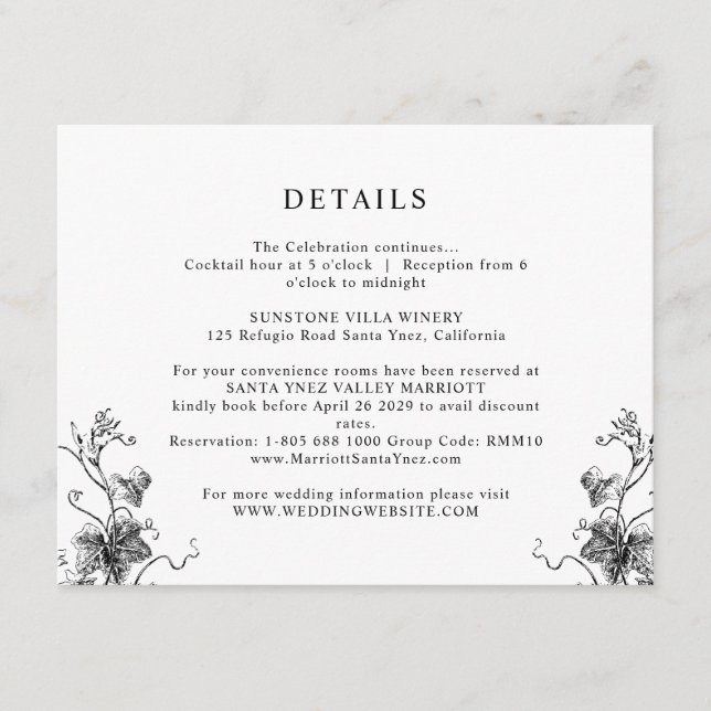 Carte D'accompagnement Elegant Black Botanical Feuille Détails du Mariage (Devant)