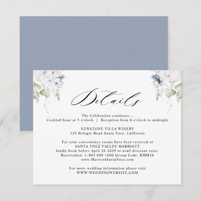 Carte D'accompagnement Elégant blanc, bleu Dusty Détails du Mariage Flora (Devant / Derrière)