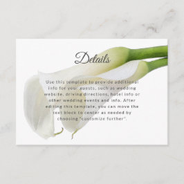 Carte D'accompagnement Elégant Blanc Calla Lilies Détails du Mariage Info