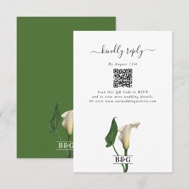 Carte D'accompagnement Elégant blanc Calla Lily Vert Mariage botanique (Devant / Derrière)