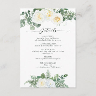 Carte D'accompagnement Elégant blanc et fleurs vertes Détails du Mariage