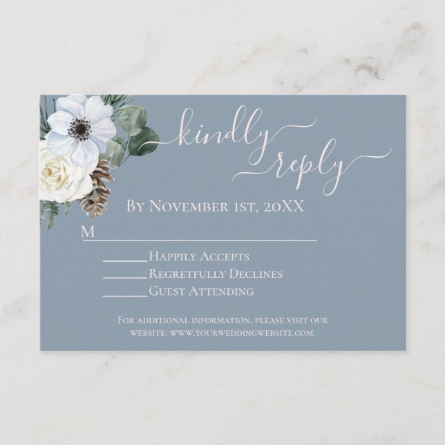 Carte D'accompagnement Elégant blanc floral Dusty bleu RSVP (Devant)