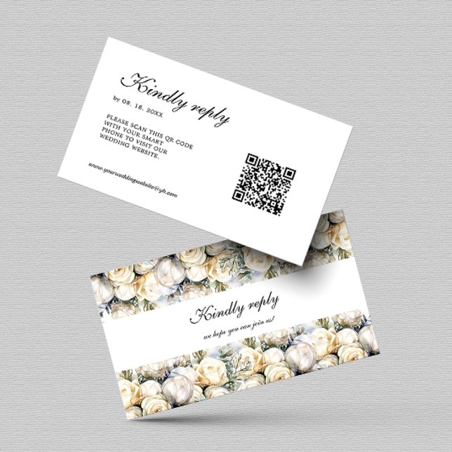 Carte D'accompagnement Elegant blanc Roses RSVP QR code (Créateur téléchargé)