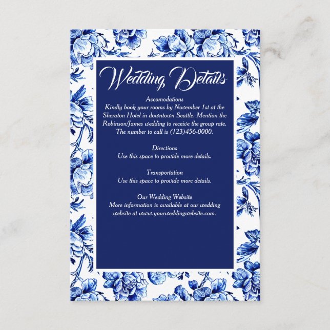 Carte D'accompagnement Elégant bleu blanc Mariage en toile florale (Devant)