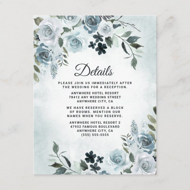 Carte D'accompagnement Elégant bleu Dusty Floral Aquarelle Mariage Marine (Devant)