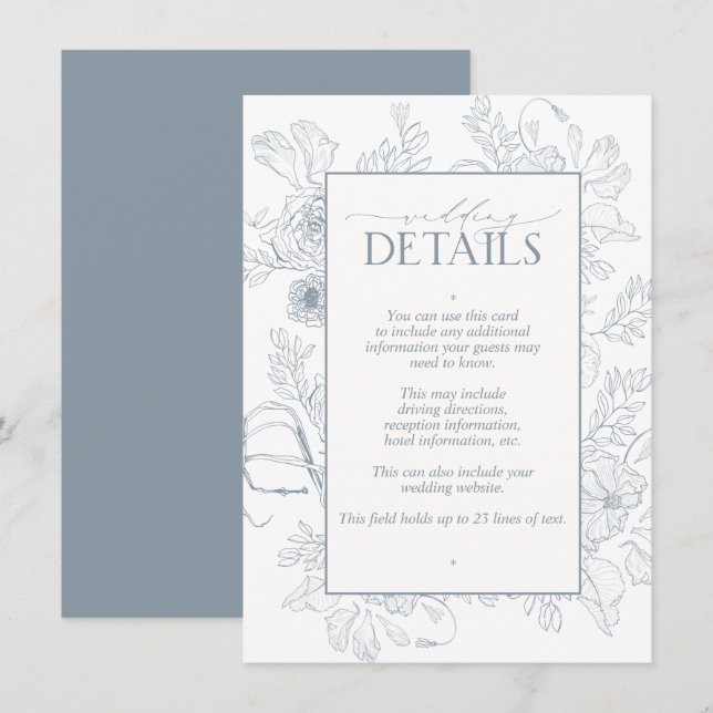 Carte D'accompagnement Elégant bleu Dusty Floral Line Art Mariage Détails (Devant / Derrière)