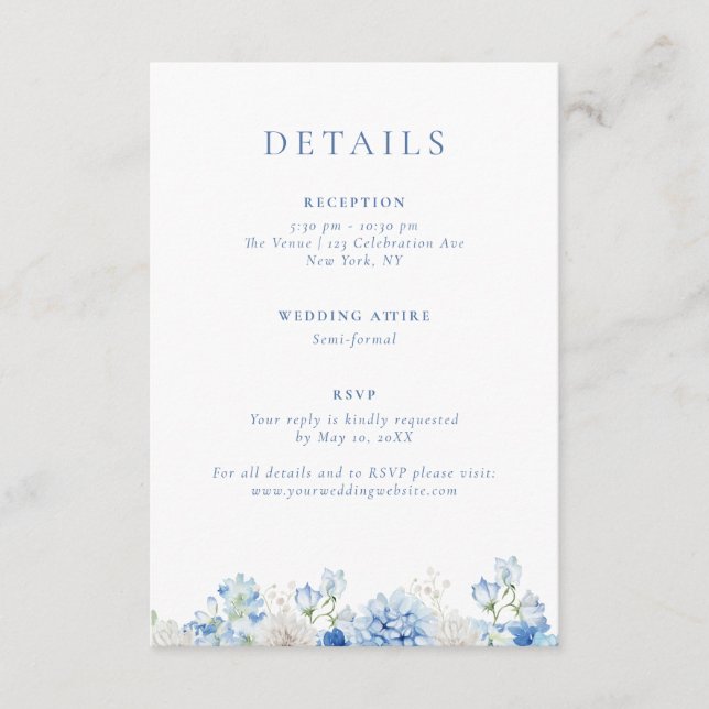 Carte D'accompagnement Elégant bleu Floral Détails du Mariage (Devant)