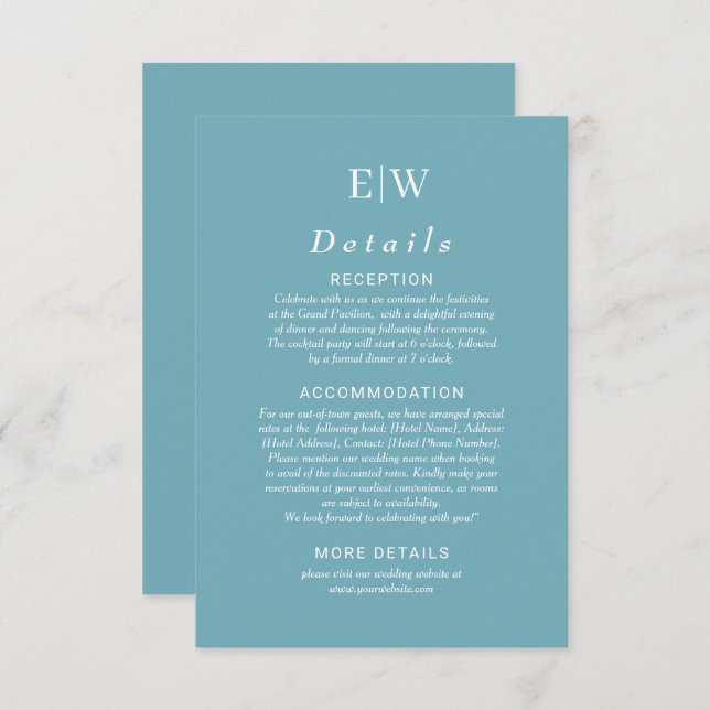 Carte D'accompagnement Élégant bleu rétro simple avec Mariage Monogram (Devant / Derrière)