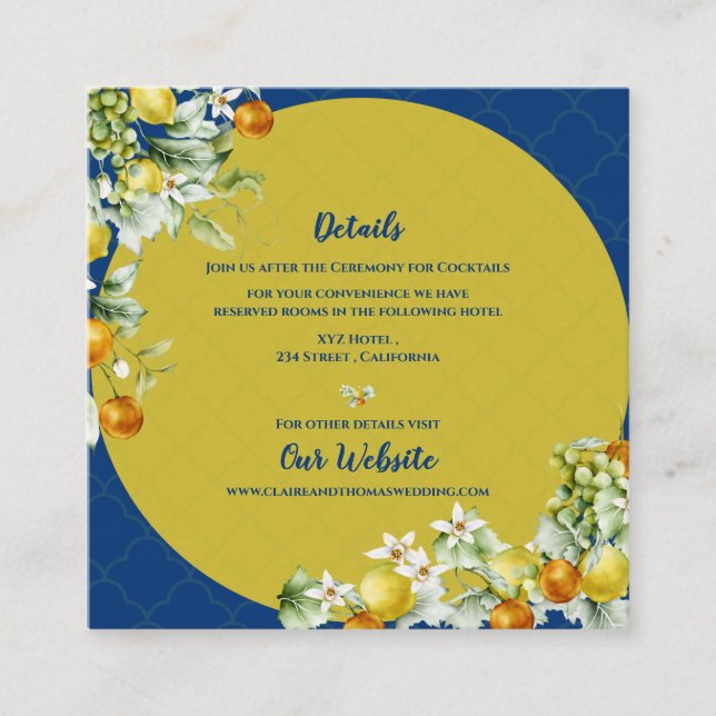 Carte D'accompagnement Elegant Blue Floral Gold Citrus Wedding Details (Devant)