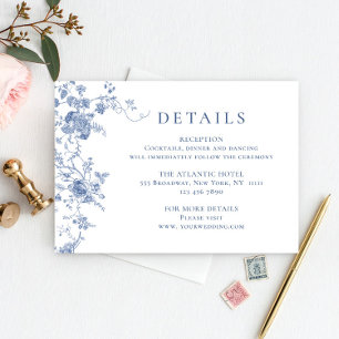 Carte D'accompagnement Elégant Blue French Garden Floral Détails Mariage