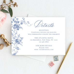 Carte D'accompagnement Elégant Blue French Garden Floral Détails Mariage