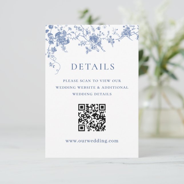 Carte D'accompagnement Elégant Blue French Garden Floral Détails Mariage (Debout devant)