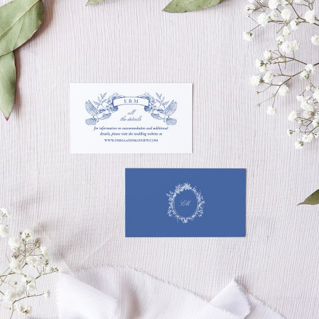 Carte D'accompagnement Elégant Blue Toile Oiseaux Baroque Site Mariage (Details enclosure card for a blue chinoiserie wedding invitation suite)