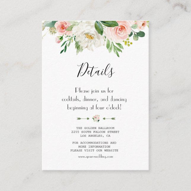 Carte D'accompagnement Élégant Blush Floral Mariage Détails de l'écriture (Devant)