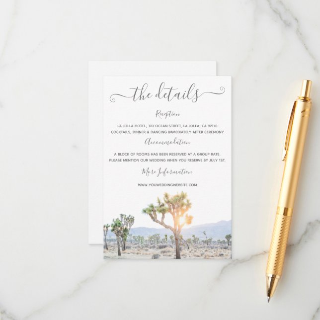 Carte D'accompagnement Elegant Boho Greenery Joshua Tree Détails du Maria (Devant/Arrière en situation)