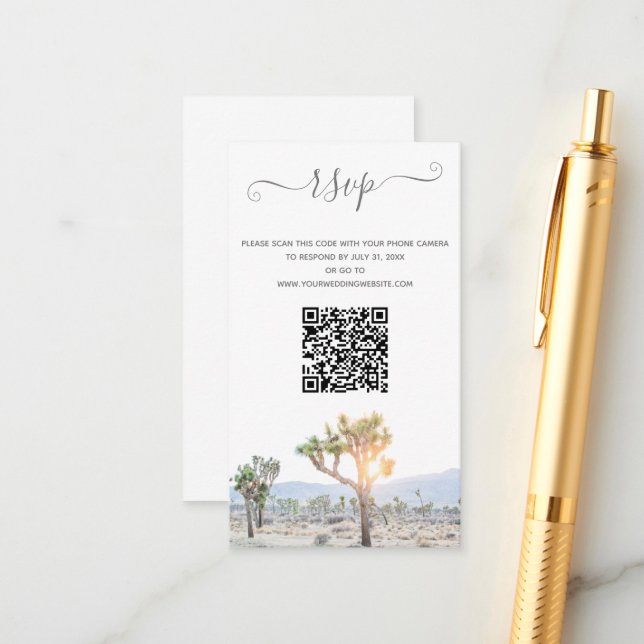 Carte D'accompagnement Elégant Boho Greenery Joshua Tree QR Code Mariage (Devant/Arrière en situation)