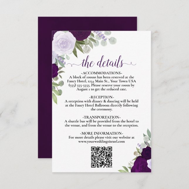 Carte D'accompagnement Elegant Boho violet Rose Détails Mariage QR Code (Devant / Derrière)