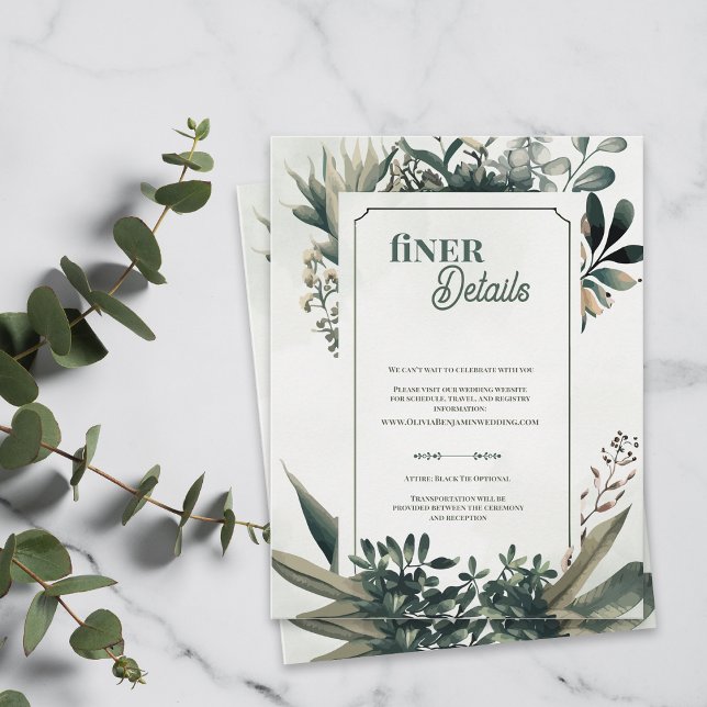 Carte D'accompagnement Elegant Botanical Greenery Finer Details Wedding (Elegant Botanical Greenery Finer Details Wedding Card | Sage Green Wedding Enclosure)