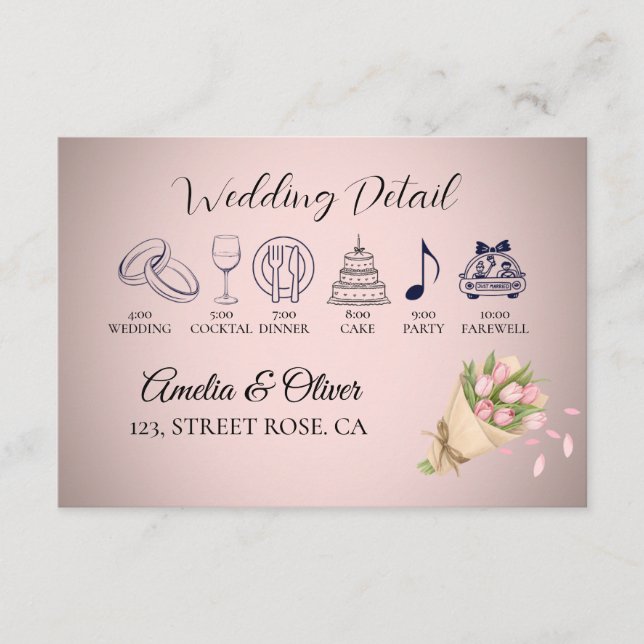 Carte D'accompagnement Élégant Bouquet Tulipes rose Détail du Mariage (Devant)