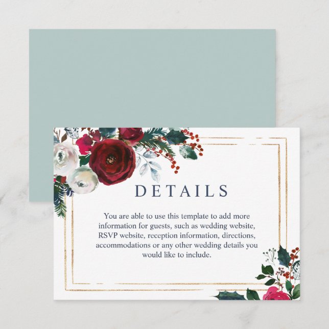Carte D'accompagnement Elegant Bourgogne Winter Roses Détails Mariage (Devant / Derrière)