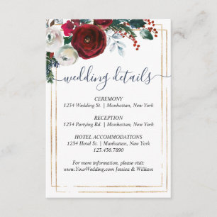 Carte D'accompagnement Elegant Bourgogne Winter Roses Détails Mariage