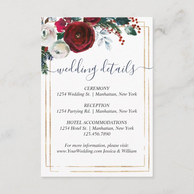 Carte D'accompagnement Elegant Bourgogne Winter Roses Détails Mariage (Devant)