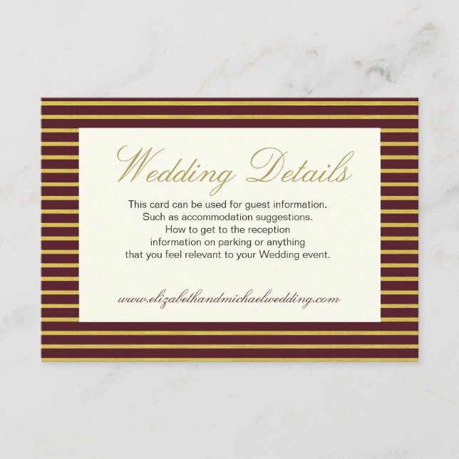 Carte D'accompagnement Elegant Burgundy Gold Détails du Mariage (Devant)