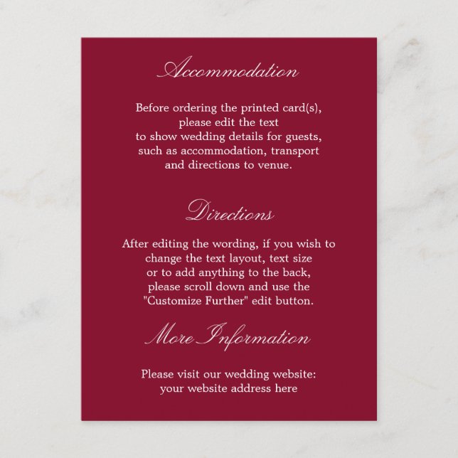 Carte D'accompagnement Elegant Burgundy Mariage Détails Card (Devant)