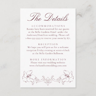 Carte D'accompagnement Elegant Burgundy Ornate Floral Wedding Details