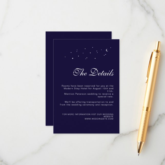 Carte D'accompagnement Elégant Celestial Midnight Blue Détails du Mariage (Devant/Arrière en situation)