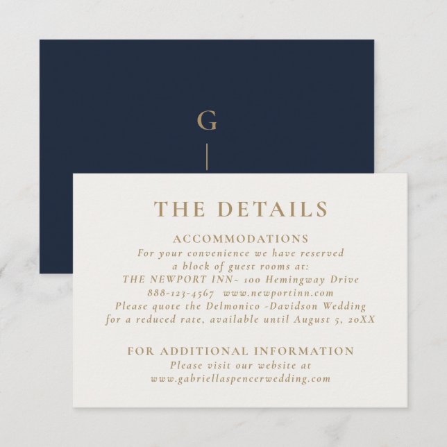 Carte D'accompagnement Elegant Chic Navy Blue Gold Détails du Mariage (Devant / Derrière)