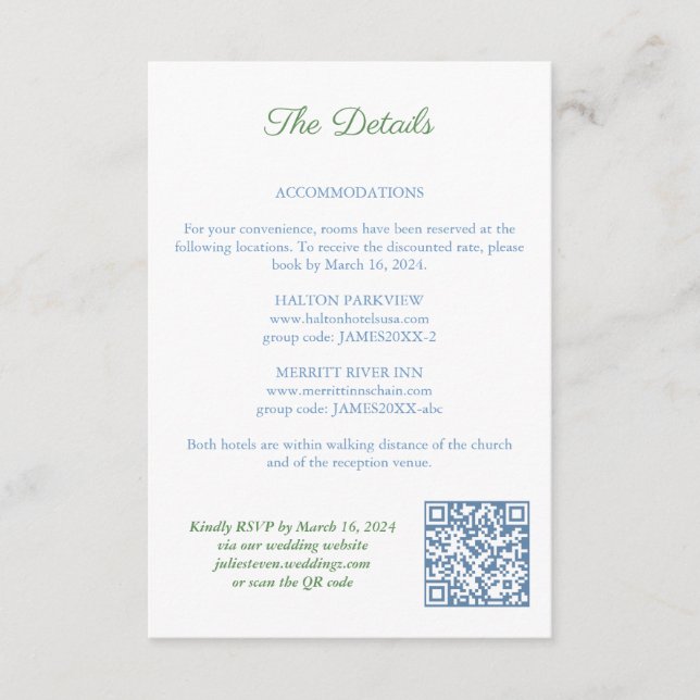 Carte D'accompagnement Elégant Code QR bleu et vert Détails du Mariage (Devant)
