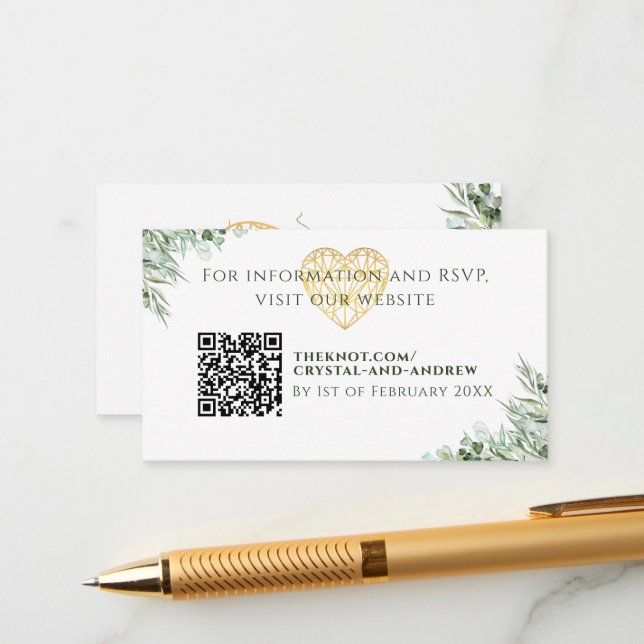 Carte D'accompagnement Elégant Coeur Eucalyptus Foliage Site Mariage (Devant/Arrière en situation)