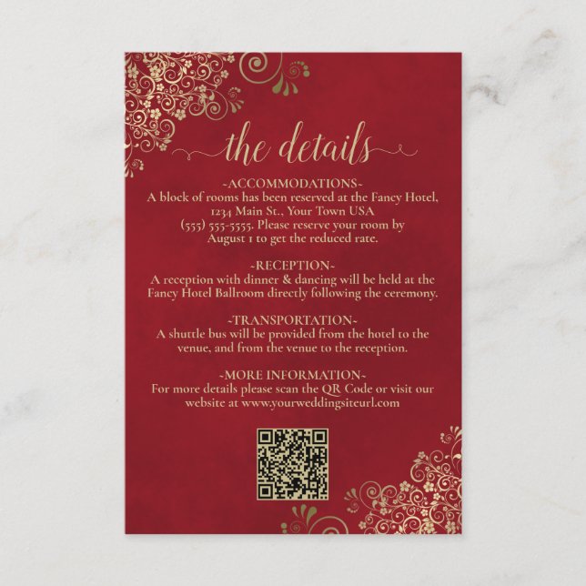 Carte D'accompagnement Elegant Crimson Rouge & Or Mariage QR Détails du c (Devant)