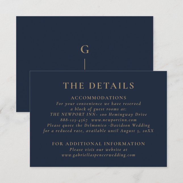 Carte D'accompagnement Elegant Dark Navy Blue Gold Détails du Mariage (Devant / Derrière)