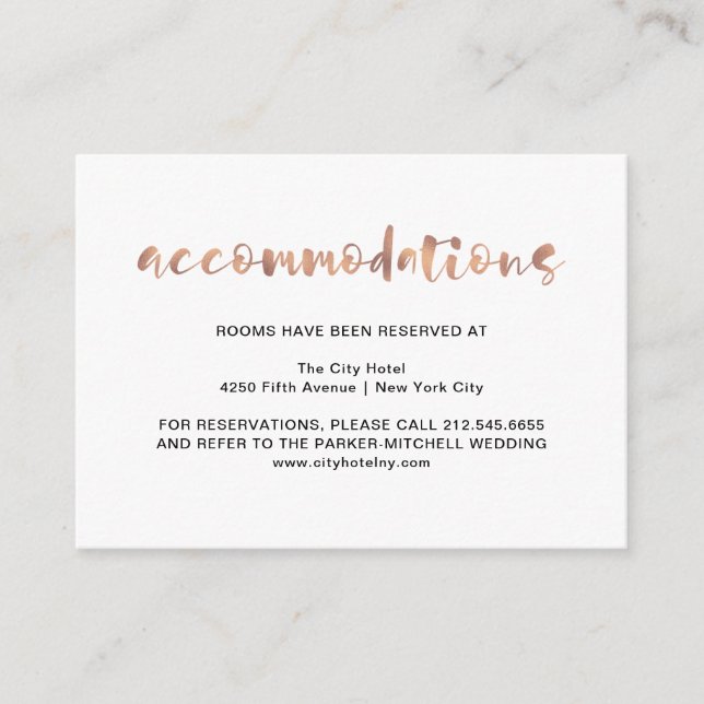 Carte D'accompagnement Élégant de base Faux Rose Gold | Hébergements (Devant)