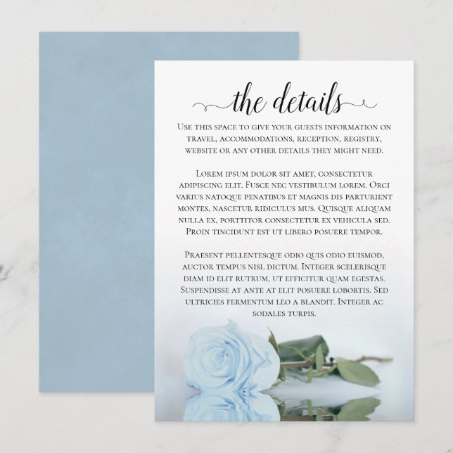 Carte D'accompagnement Elégant Dusty Powder Blue Rose Détails Mariage (Devant / Derrière)