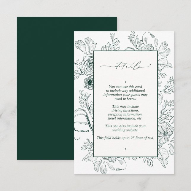 Carte D'accompagnement Élégant Emerald Green Floral Détails du Mariage (Devant / Derrière)