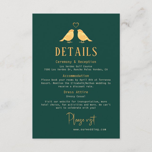 Carte D'accompagnement Élégant Emerald Green & Gold Birds Détails Mariage (Devant)
