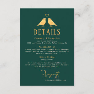 Carte D'accompagnement Élégant Emerald Green & Gold Birds Détails Mariage