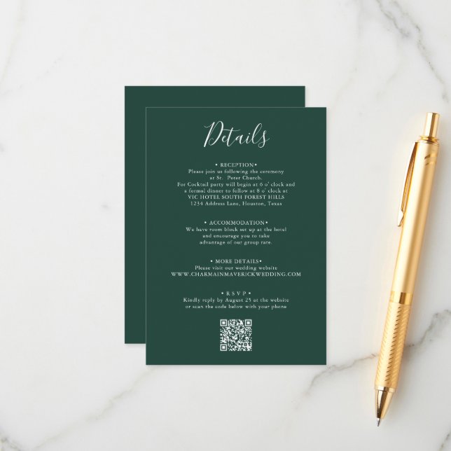 Carte D'accompagnement Élégant Emerald Green Script Mariage QR Code (Devant/Arrière en situation)