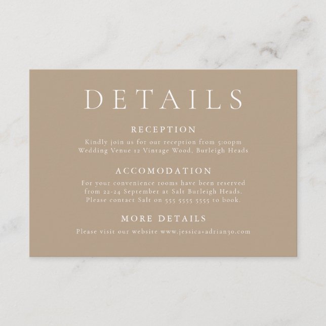 Carte D'accompagnement Elégant et moderne Pale Taupe Détails Mariage (Devant)