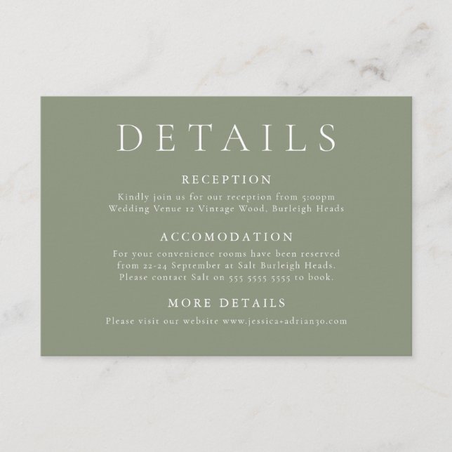 Carte D'accompagnement Elégant et moderne Sage Green Détails du Mariage (Devant)
