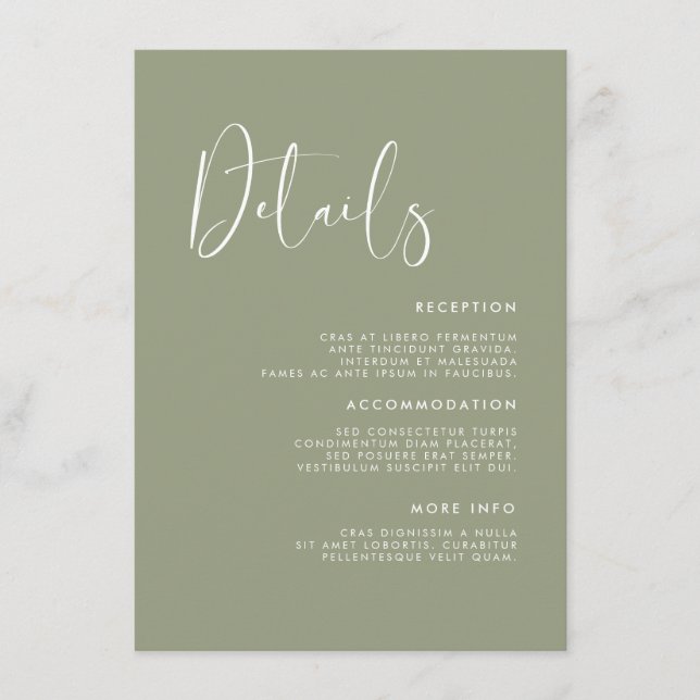 Carte D'accompagnement Elégant et moderne sauge vert détails mariage (Devant)