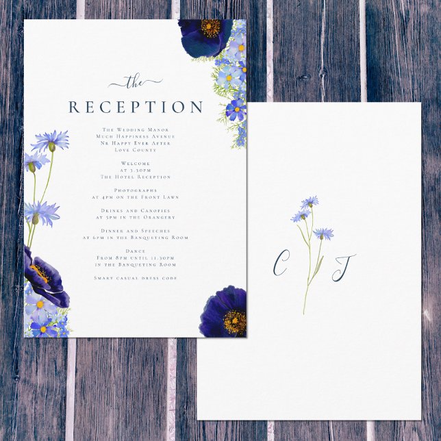 Carte D'accompagnement Elégant été Floral Blue Mariage Réception (Beautiful hand painted spring and summer florals including wildflowers by artist Catherine Sweetman )