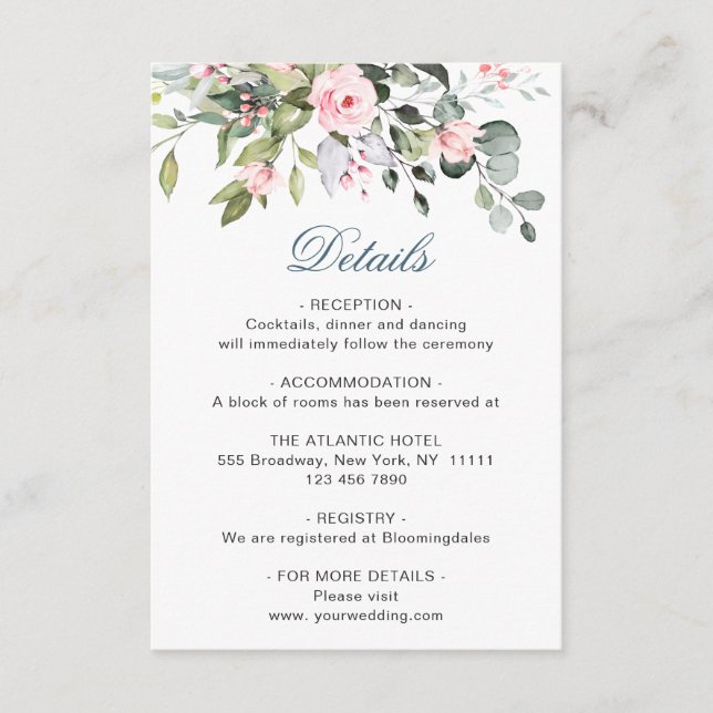 Carte D'accompagnement Elegant Eucalyptus Blush Rose Détails du Mariage (Devant)