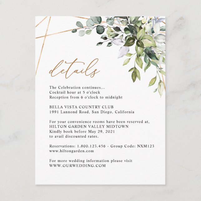 Carte D'accompagnement Elegant Eucalyptus Greenery Gold Info Details (Devant)