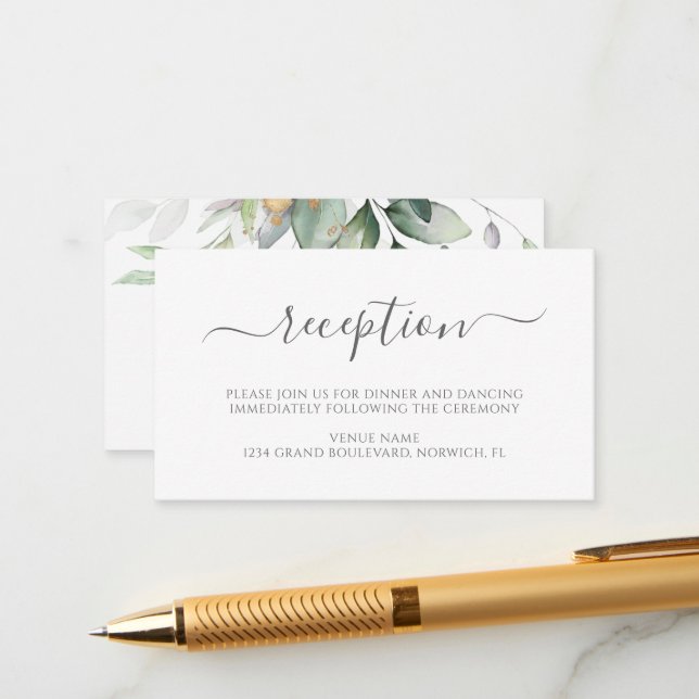Carte D'accompagnement Elégant Eucalyptus Greenery Gold Mariage Réception (Devant/Arrière en situation)
